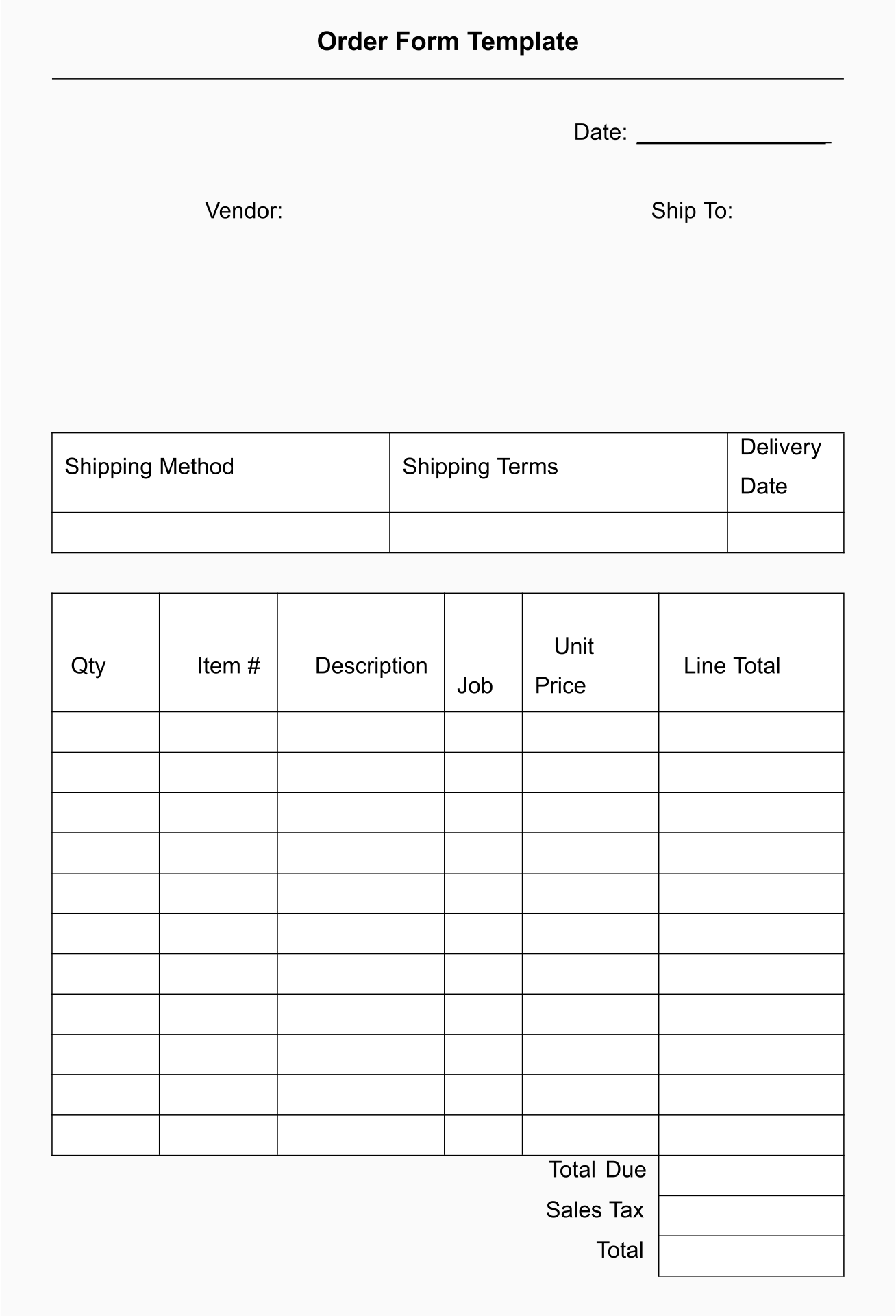 Printable Business Order Forms