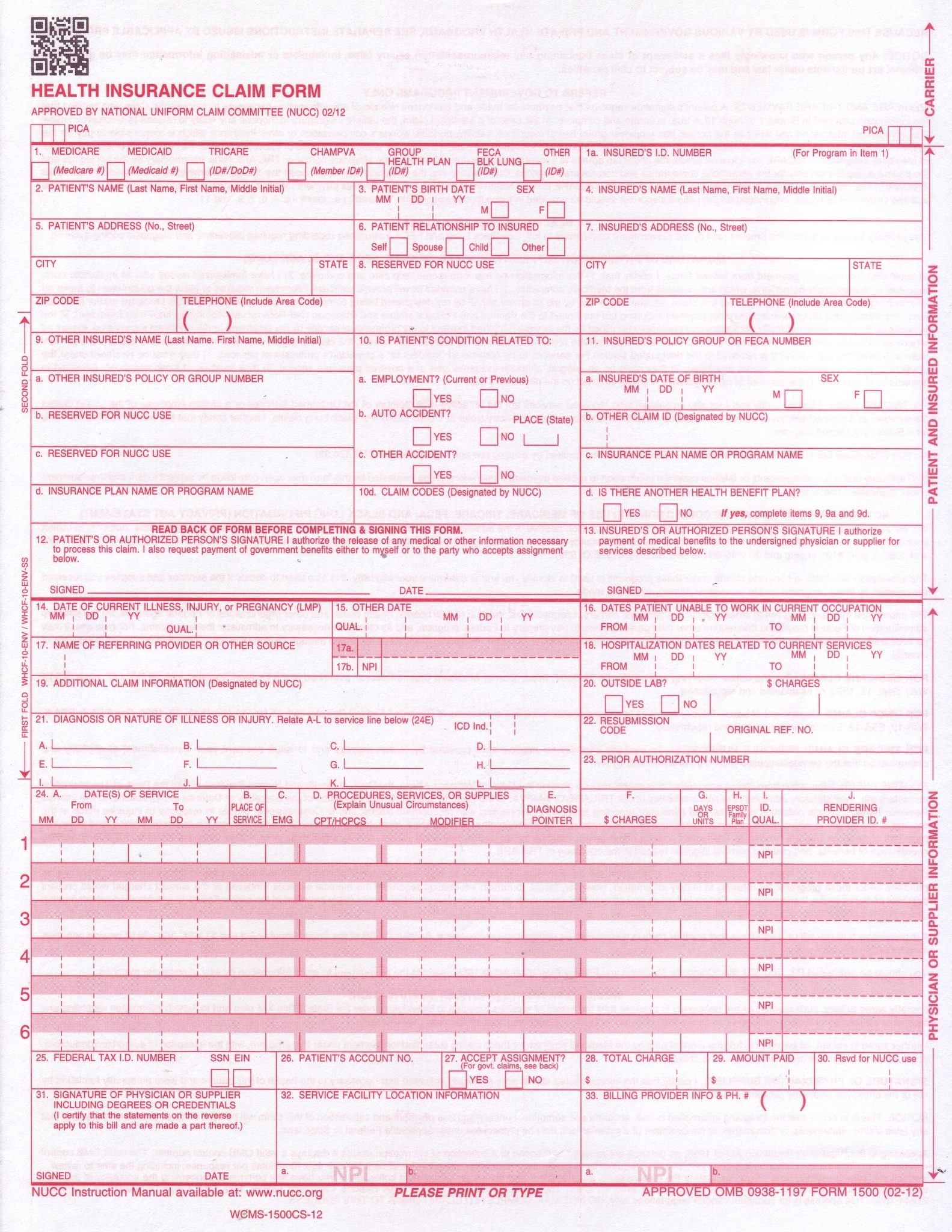 Printable Cms 1500 Form Pdf Printable Forms Free Online