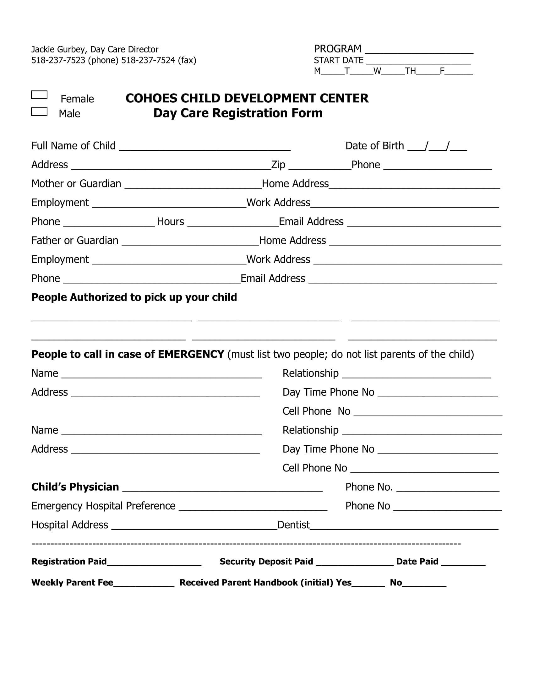Printable Daycare Registration Forms Printable Form 2024