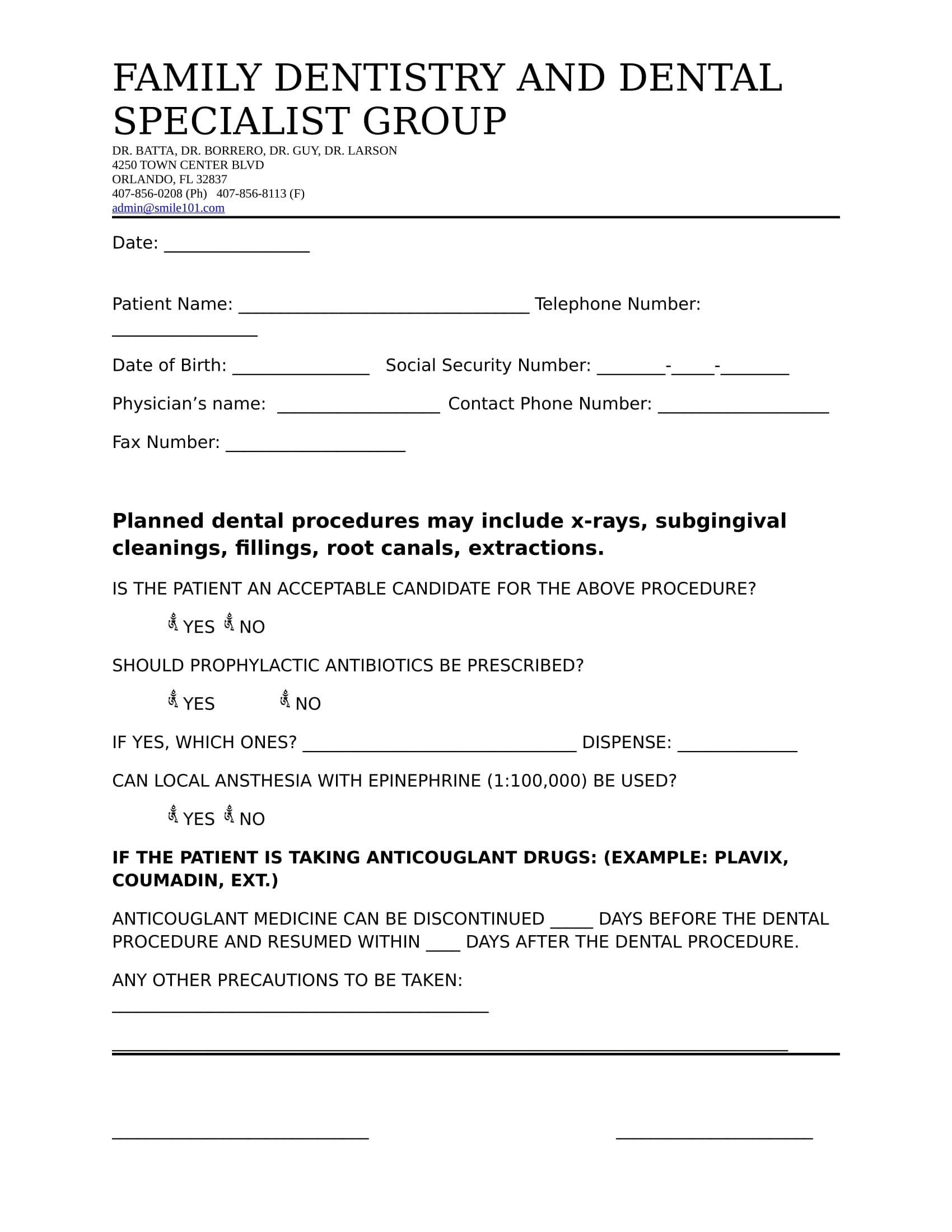 Printable Dental Clearance Form