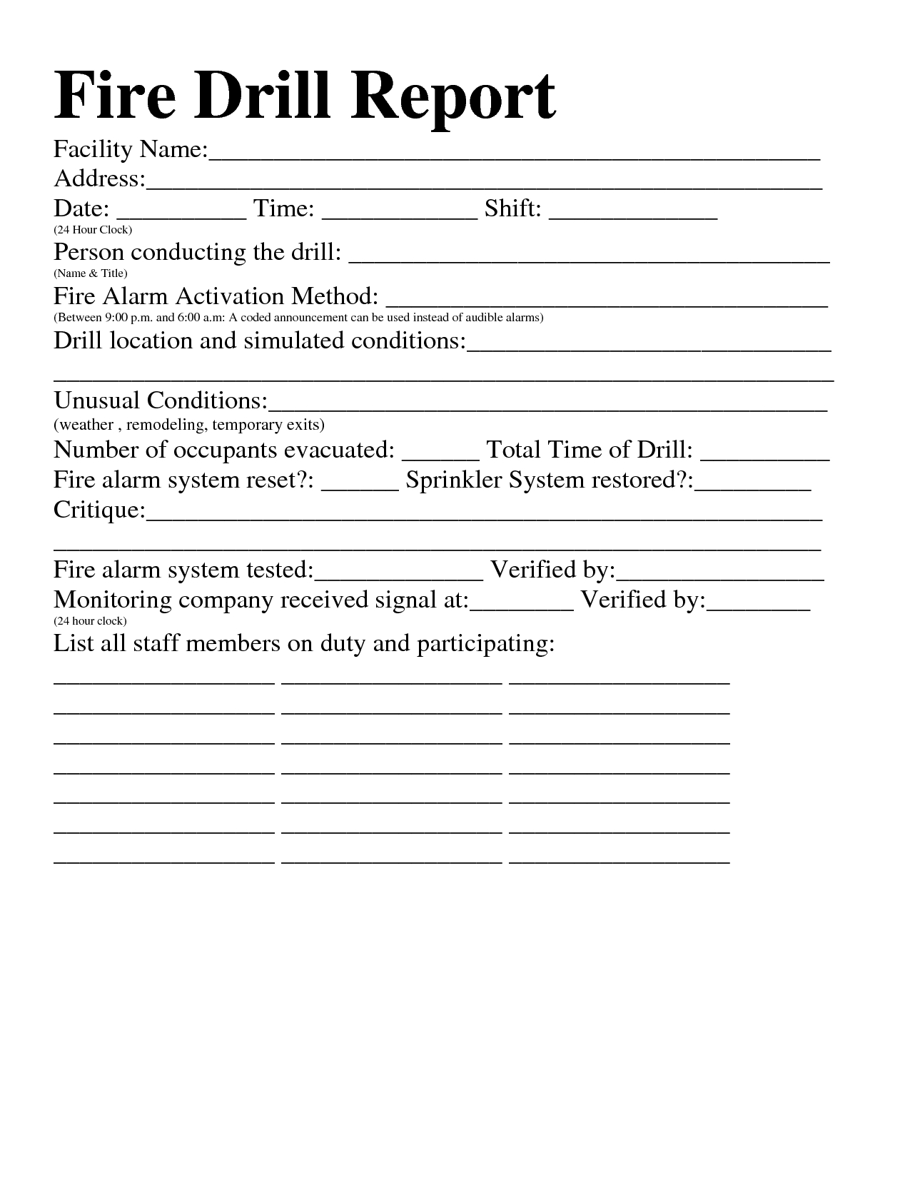 Printable Fire Drill Form Template