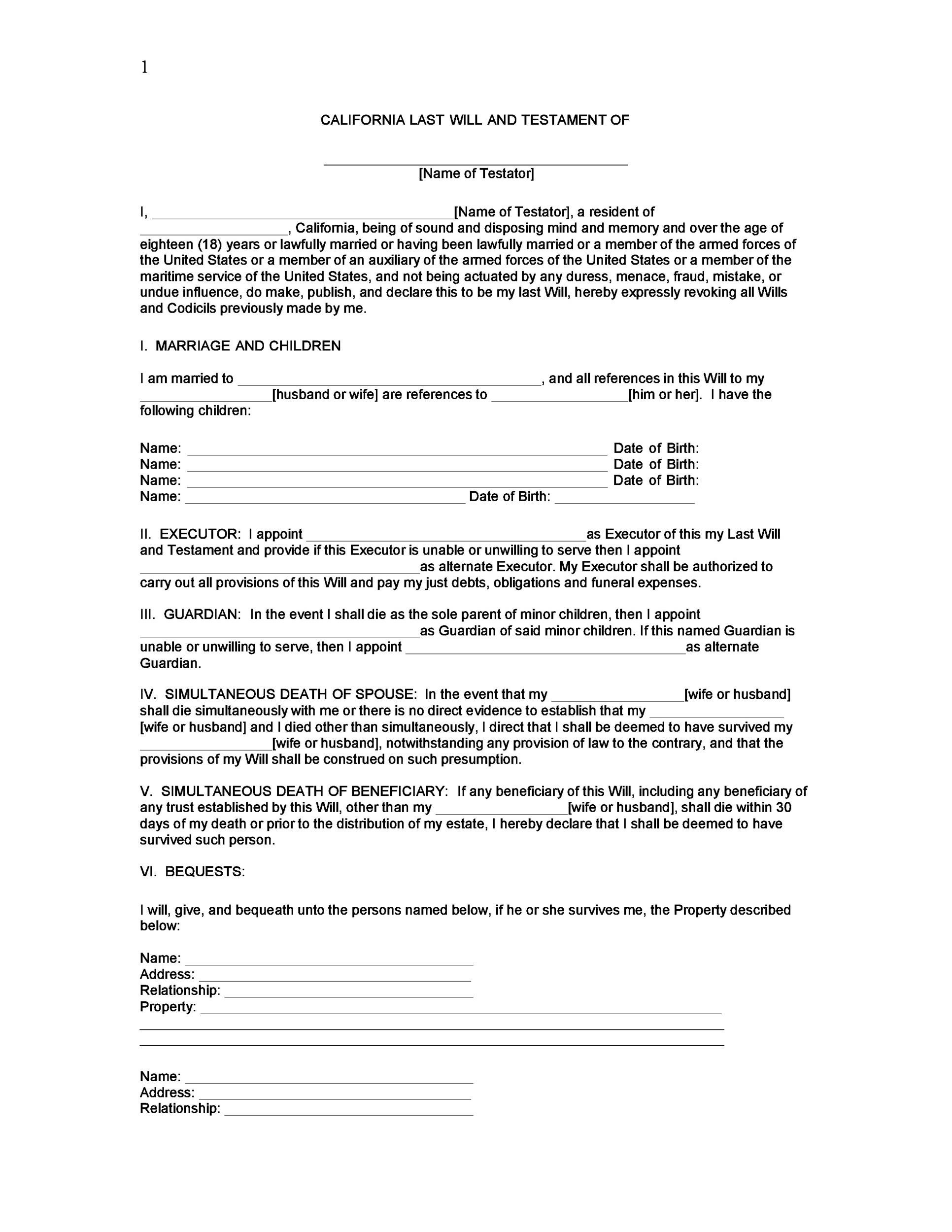 Printable Forms For Last Will And Testament