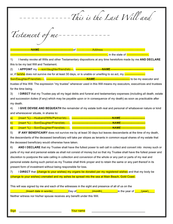 Printable Last Will And Testament Sample