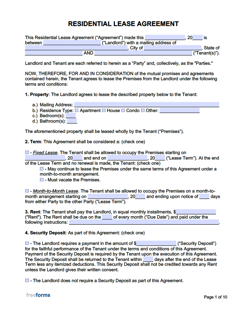Printable Lease Agreement Form Free