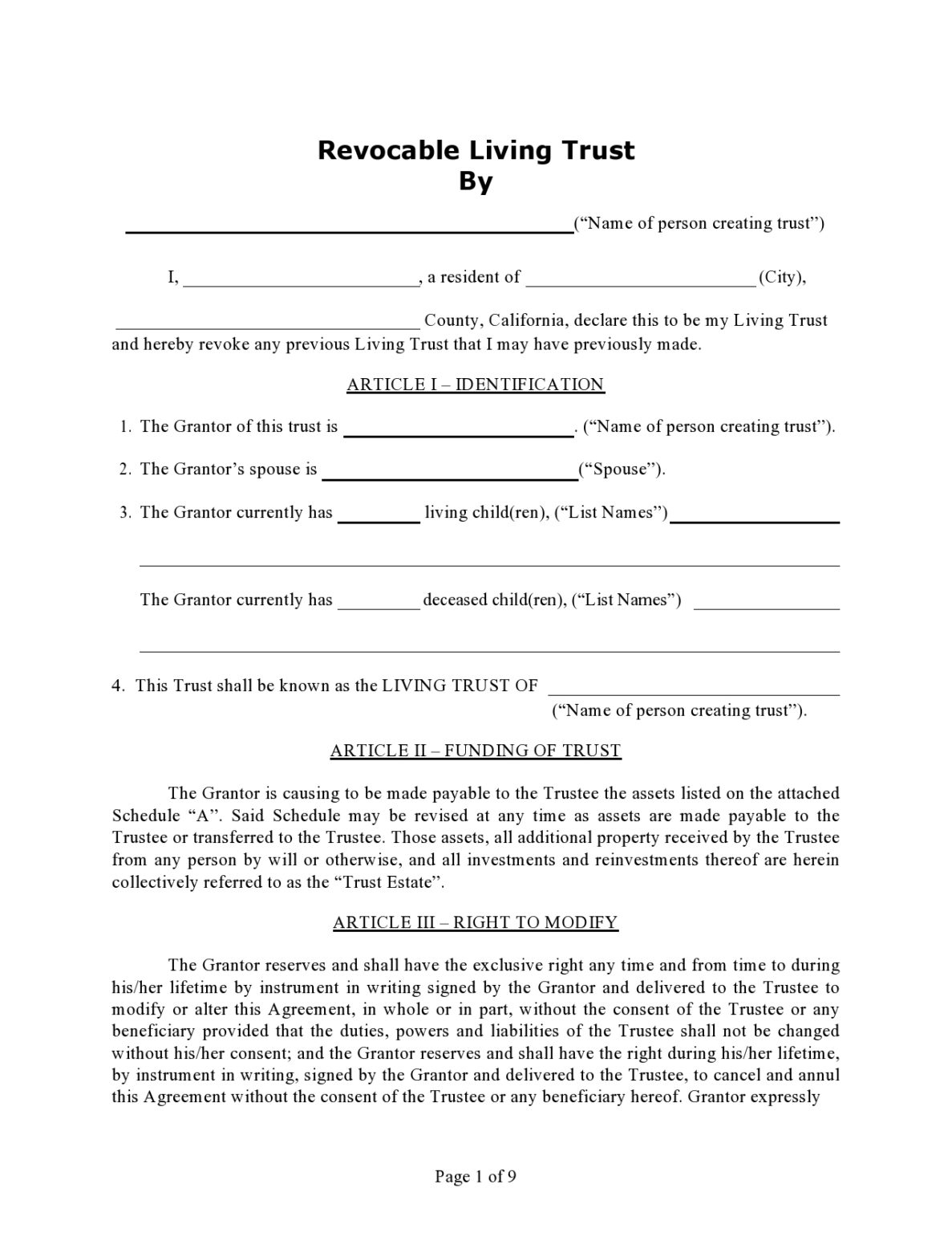 Printable Living Trust Forms