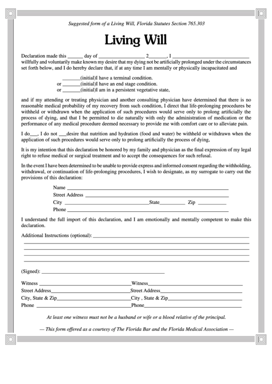 Printable Living Will Form Printable Forms Free Online