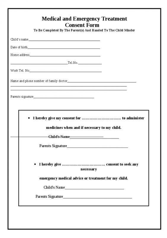 Printable Medical Consent Form For Minor While Parents Are Away