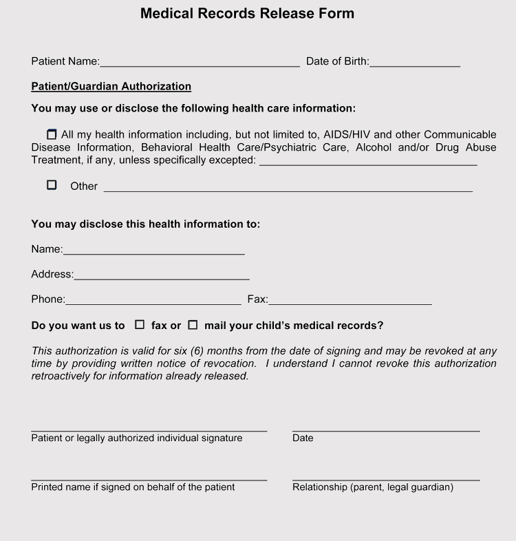 Printable Medical Records Release Form