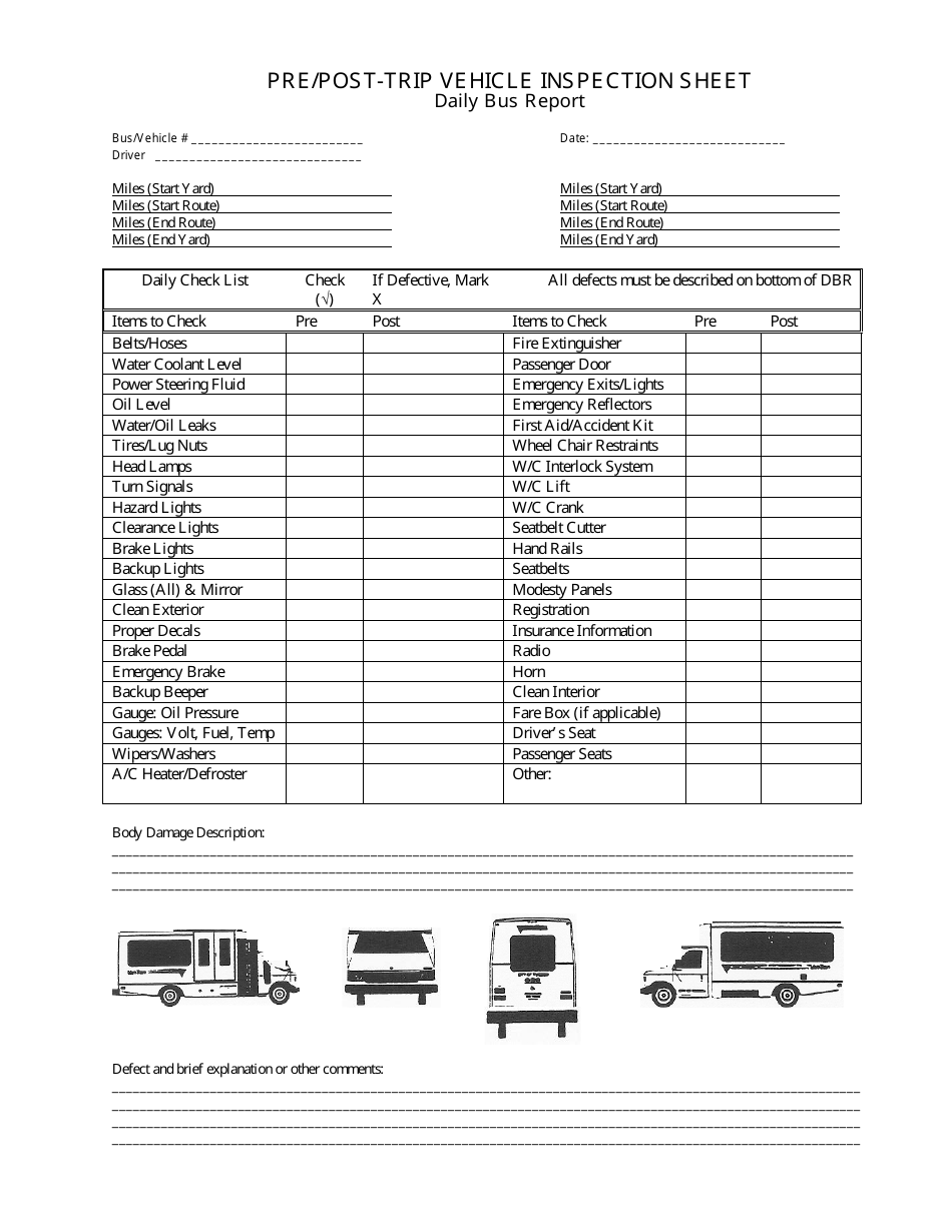Printable Pre Trip Inspection Checklist Sheet
