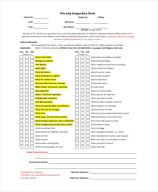 Printable Pre Trip Inspection Form Printable Forms Free Online