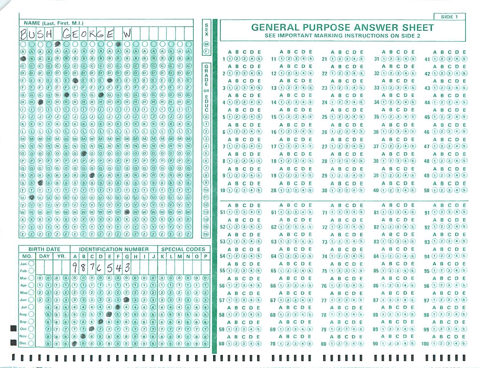 Printable Scantron Sheet