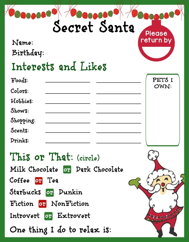 Printable Secret Santa Information Form secret Santa gift Etsy