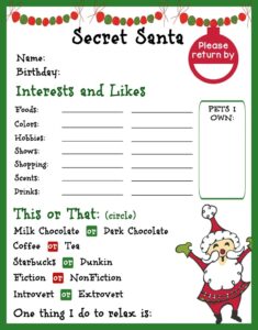 Printable Secret Santa Information Form secret Santa gift Etsy