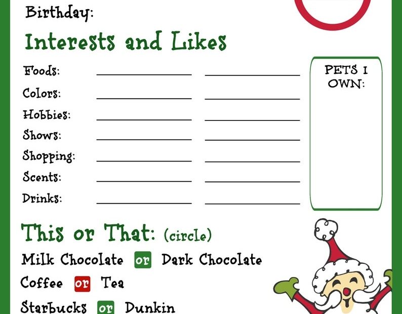 Printable Secret Santa Information Form secret Santa gift Etsy
