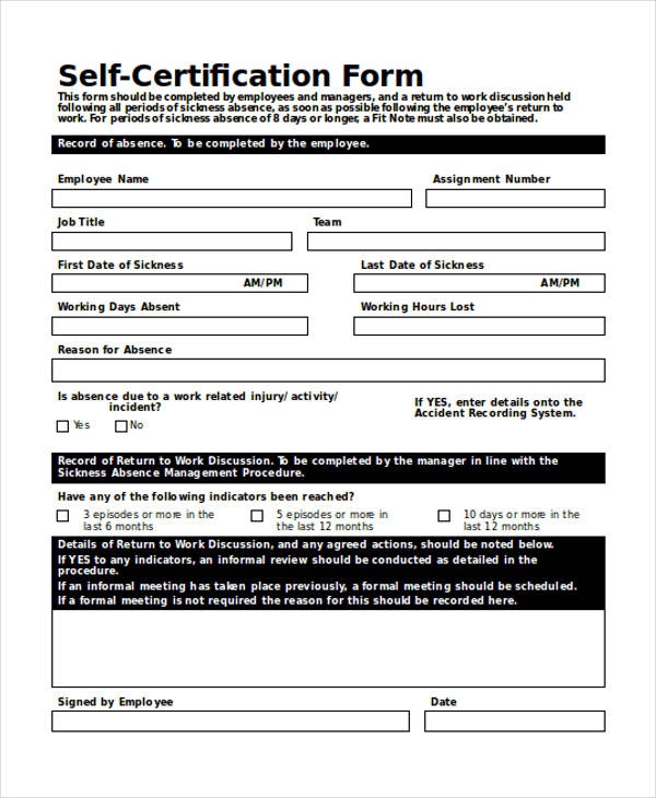 Printable Self Cert Sick Form Printable Forms Free Online