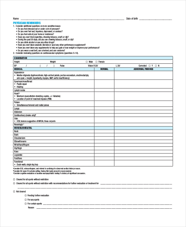 Printable Sports Physical Forms