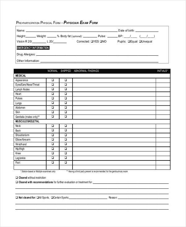 Printable Sports Physical Forms