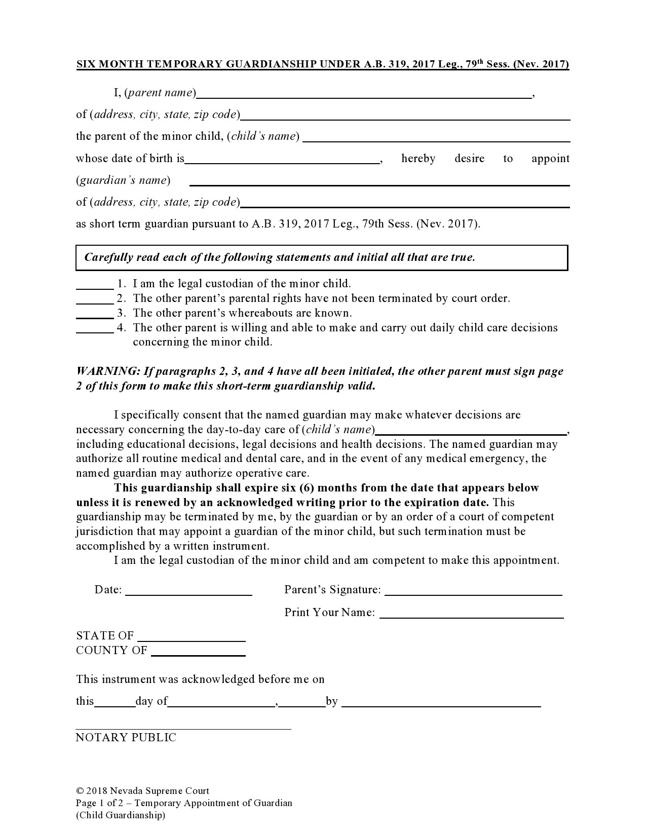 Printable Temporary Guardianship Form