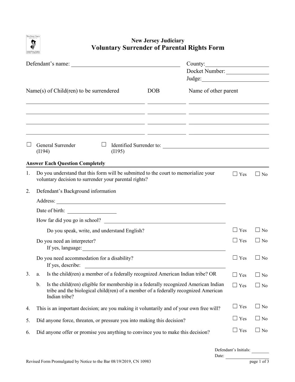Printable Termination Of Parental Rights Form