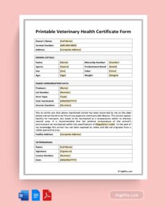 Printable Veterinary Health Certificate Form Word PDF Docs