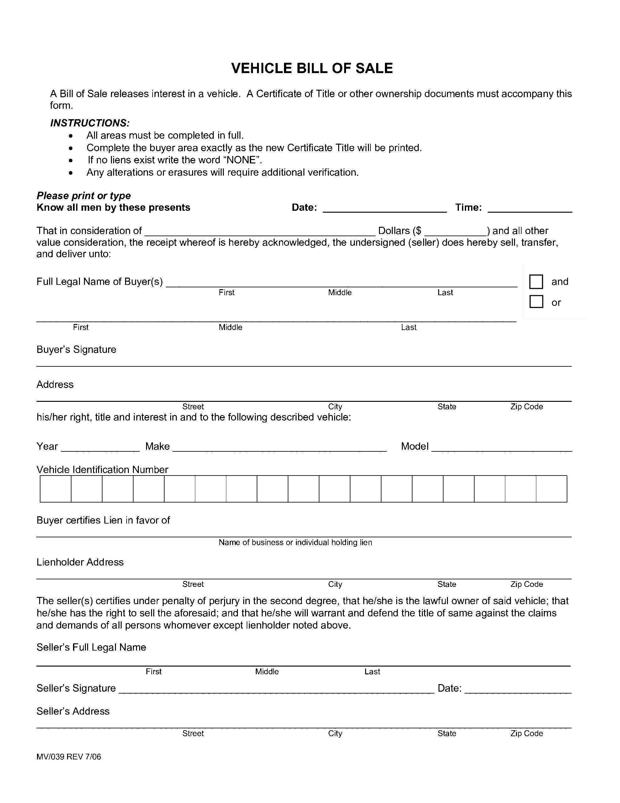 Sample Blank Printable Bill Of Sale For Car In PDF Word Bill Of 