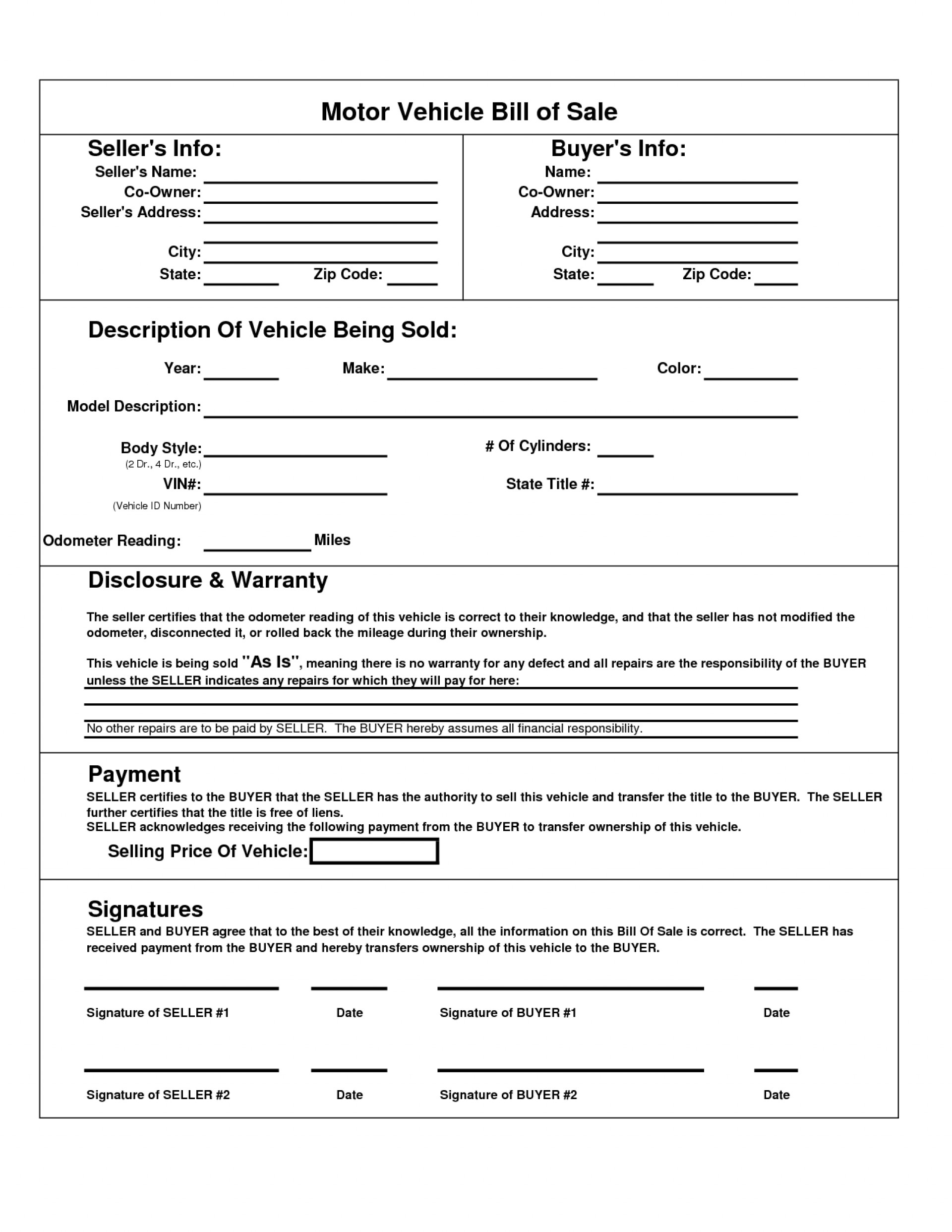 Sample Blank Printable Bill Of Sale For Car In PDF Word Bill Of 