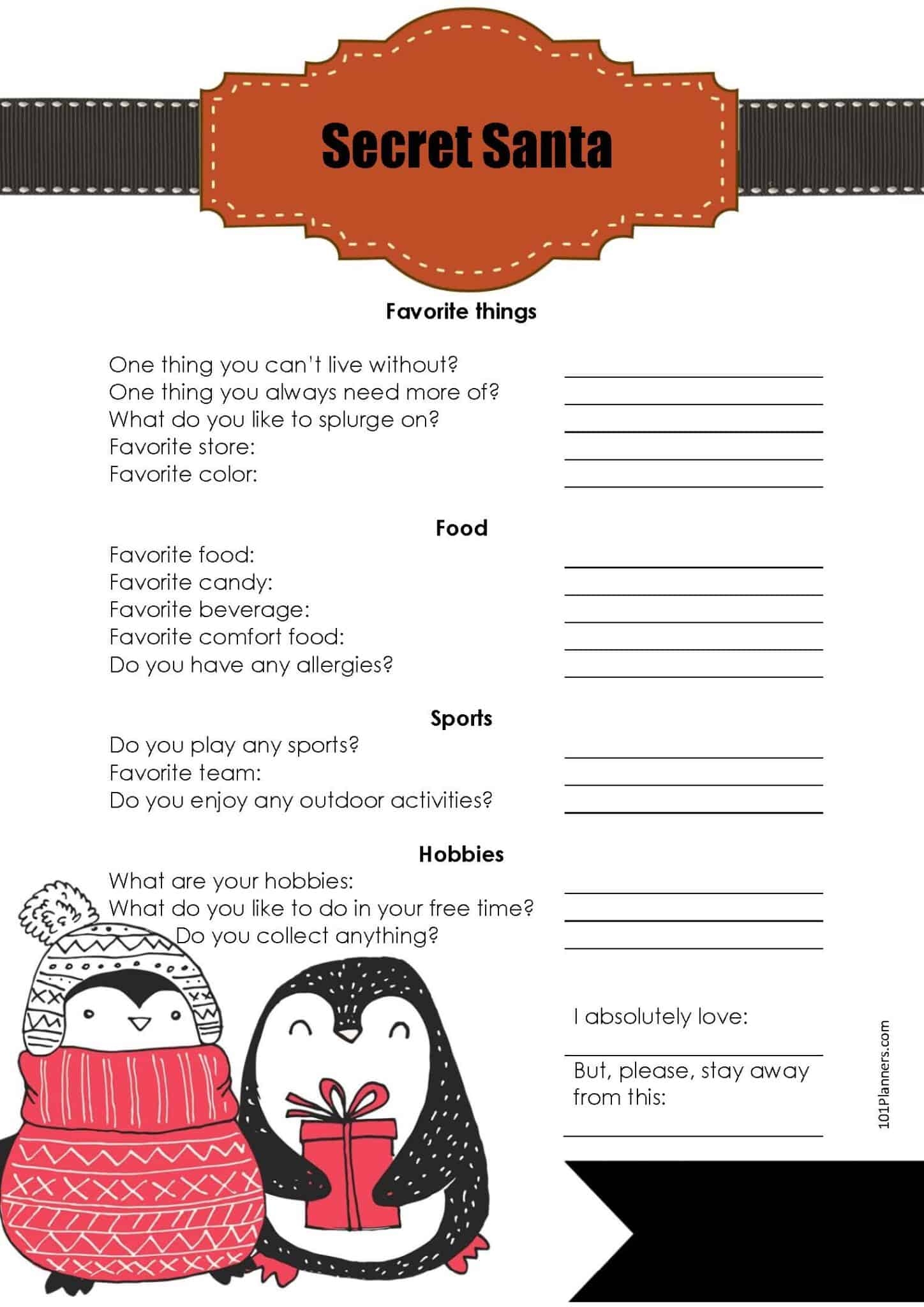 Secret Santa Form Printable Printable Calendars AT A GLANCE