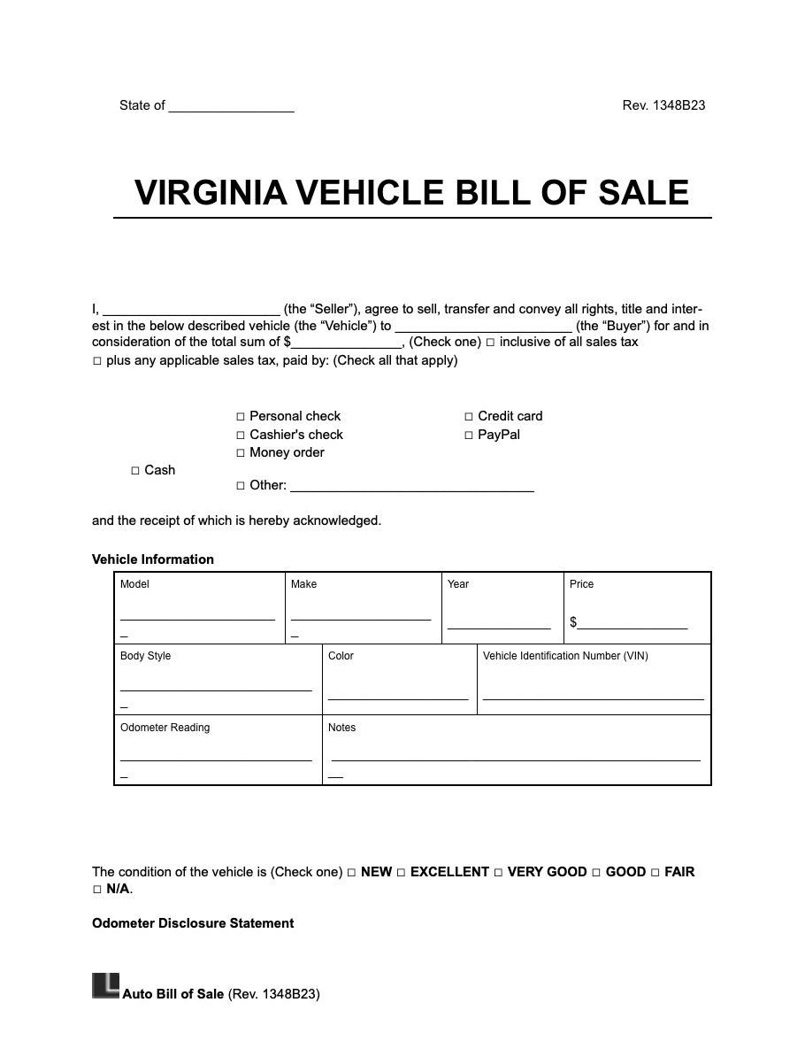 Vehicle Bill Of Sale Form Free Printable Free Templates