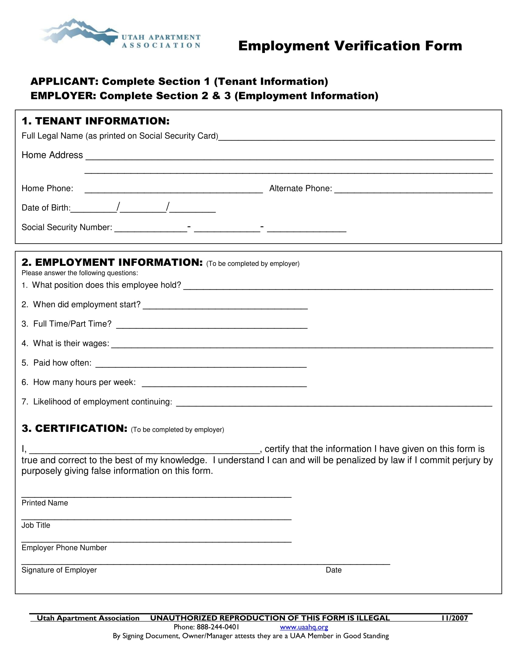Verification Of Employment Form Printable Printable Forms Free Online