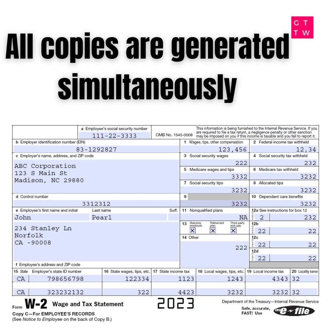 W2 Form IRS 2024 2023 Fillable PDF With Print And Clear Buttons 