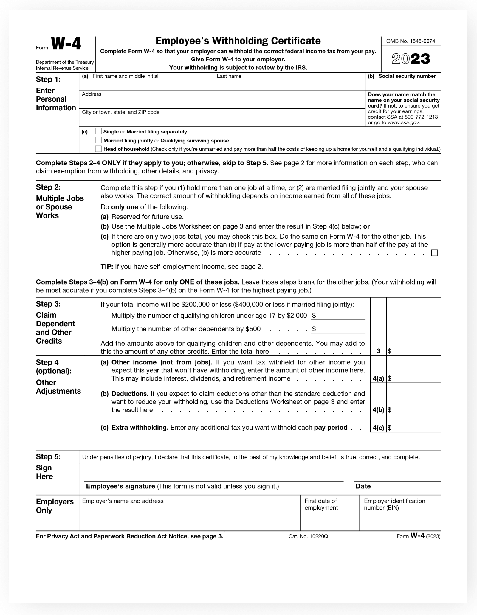 W4 Federal Withholding Form 2023 Printable Forms Free Online