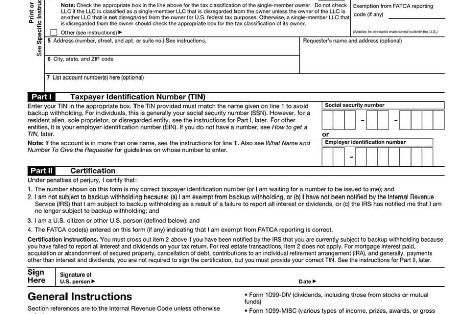 W9 Form Fillable Request For Taxpayer Identification Number
