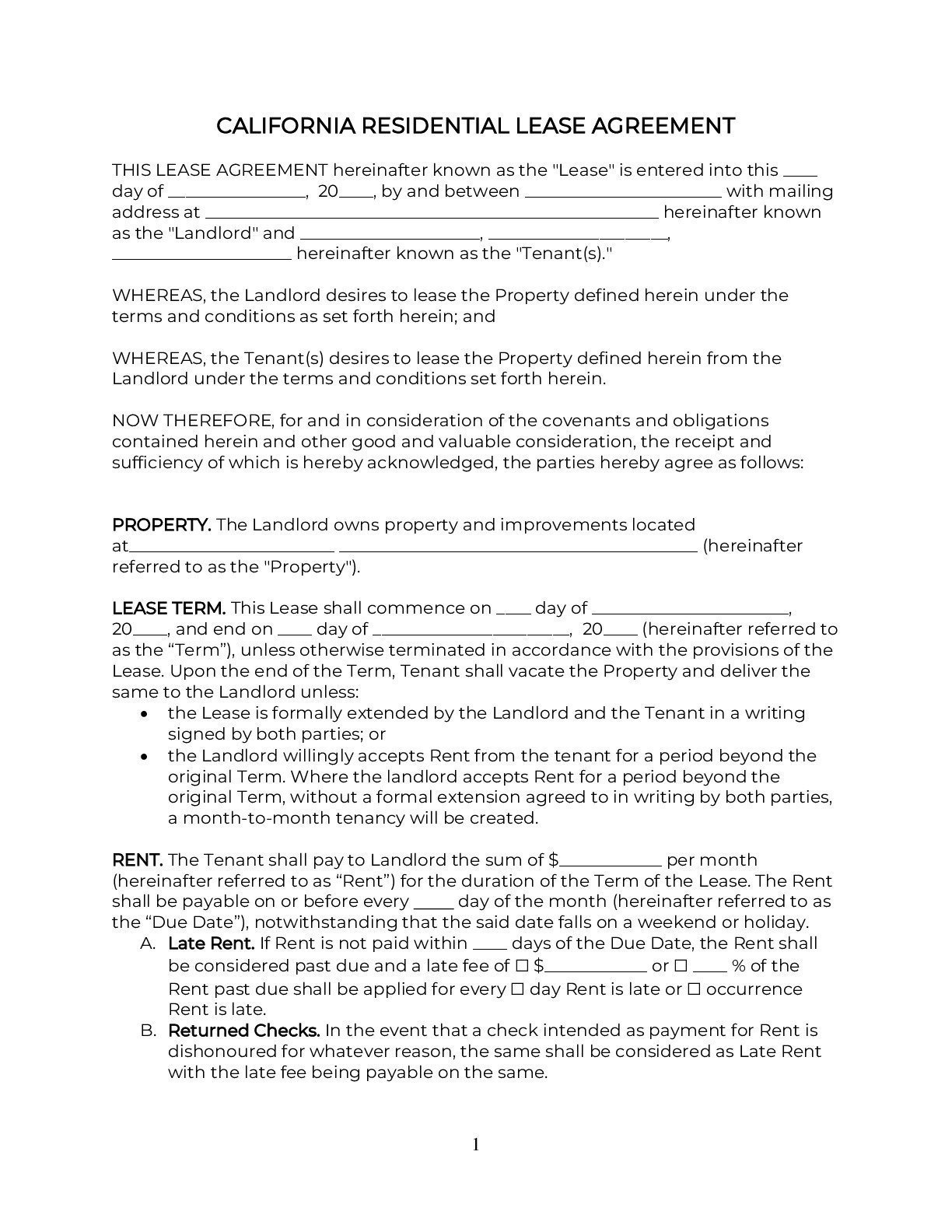 California Rental Lease Agreement Template 2021 PDF DOC