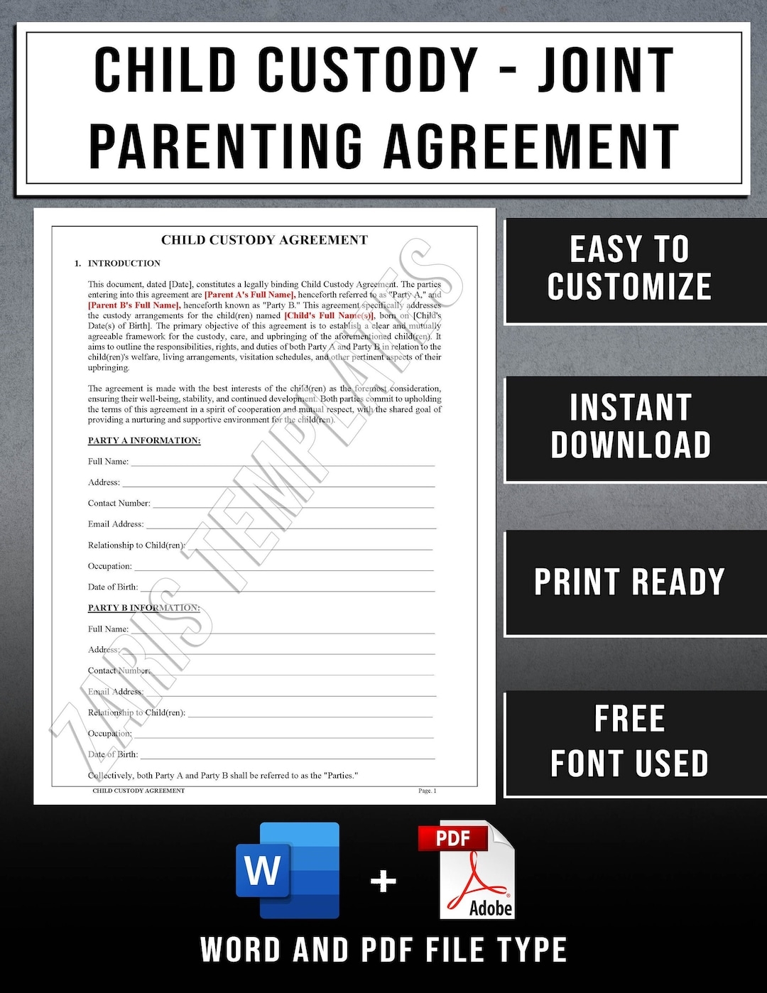 Child Custody Co parenting Agreement Template Easy Editable 