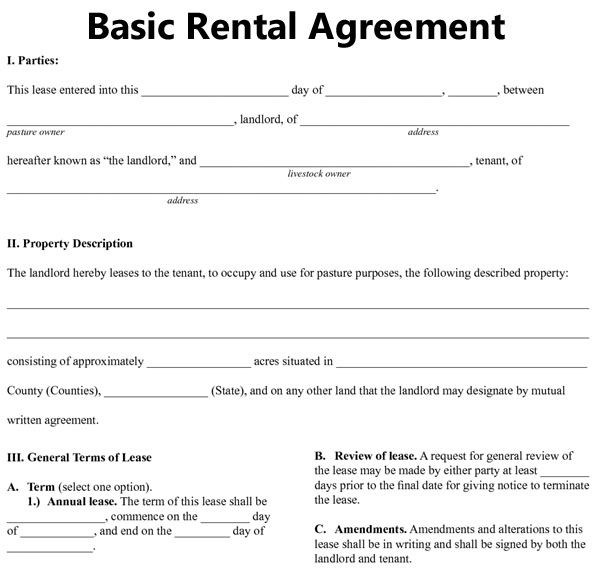 Free Blank Lease Agreement Basic Rental Agreement Fillable