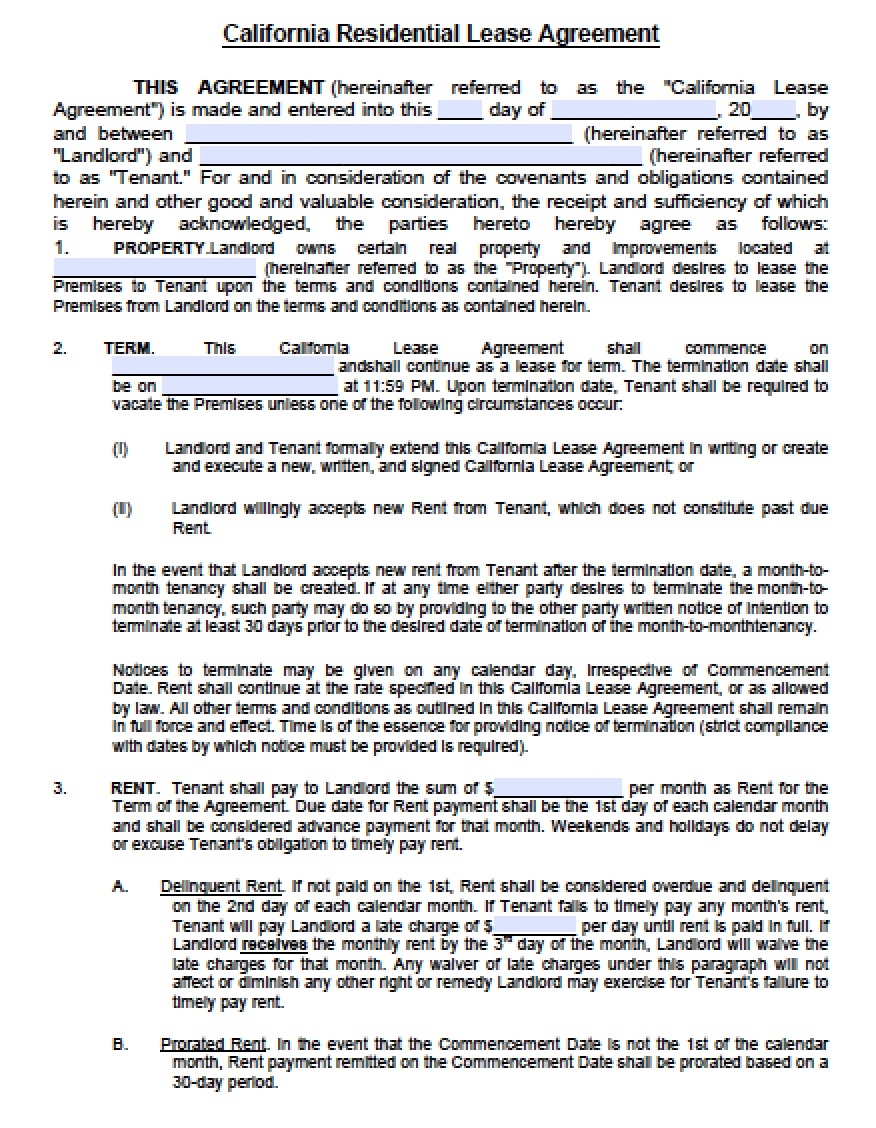 Free California Rental Lease Agreement Templates PDF Word