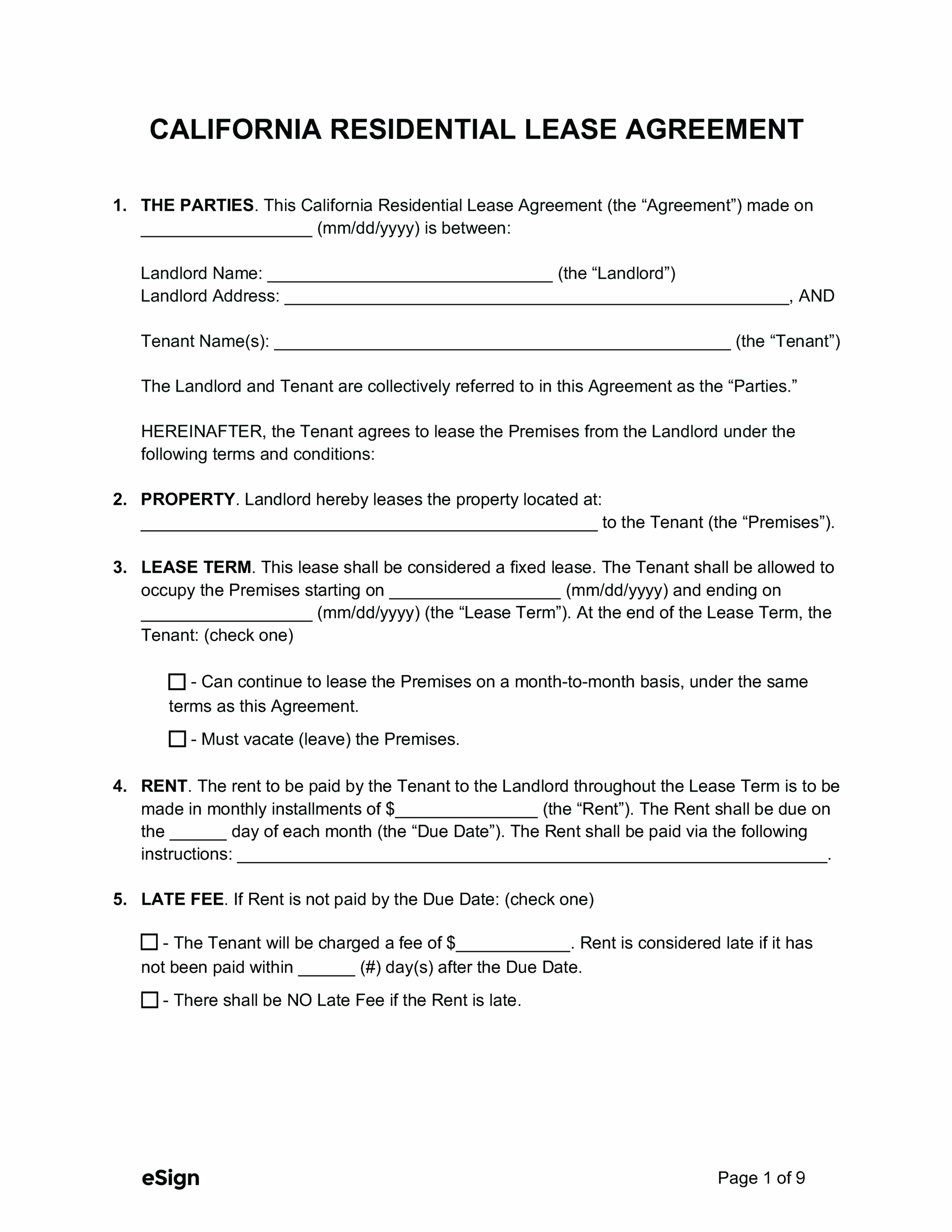 Free California Standard Residential Lease Agreement Template PDF
