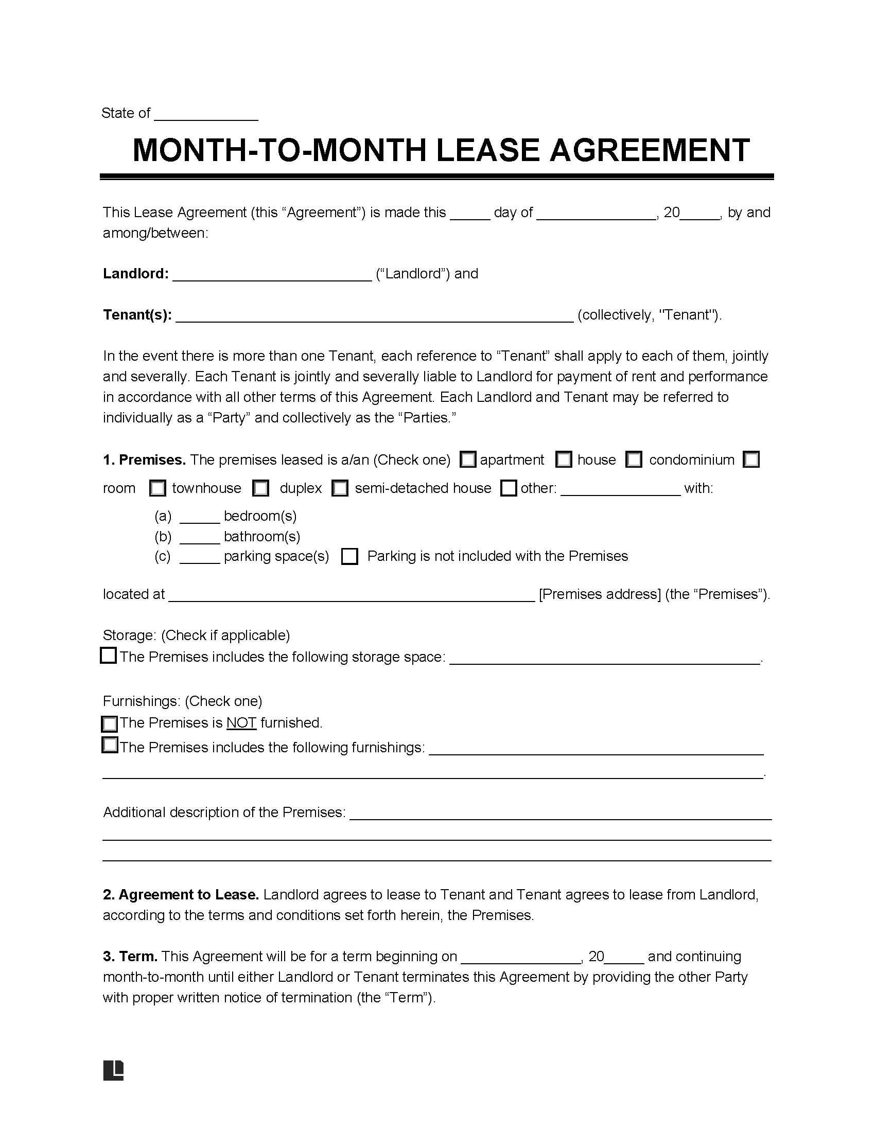 Free Month to Month Rental Agreement Template PDF