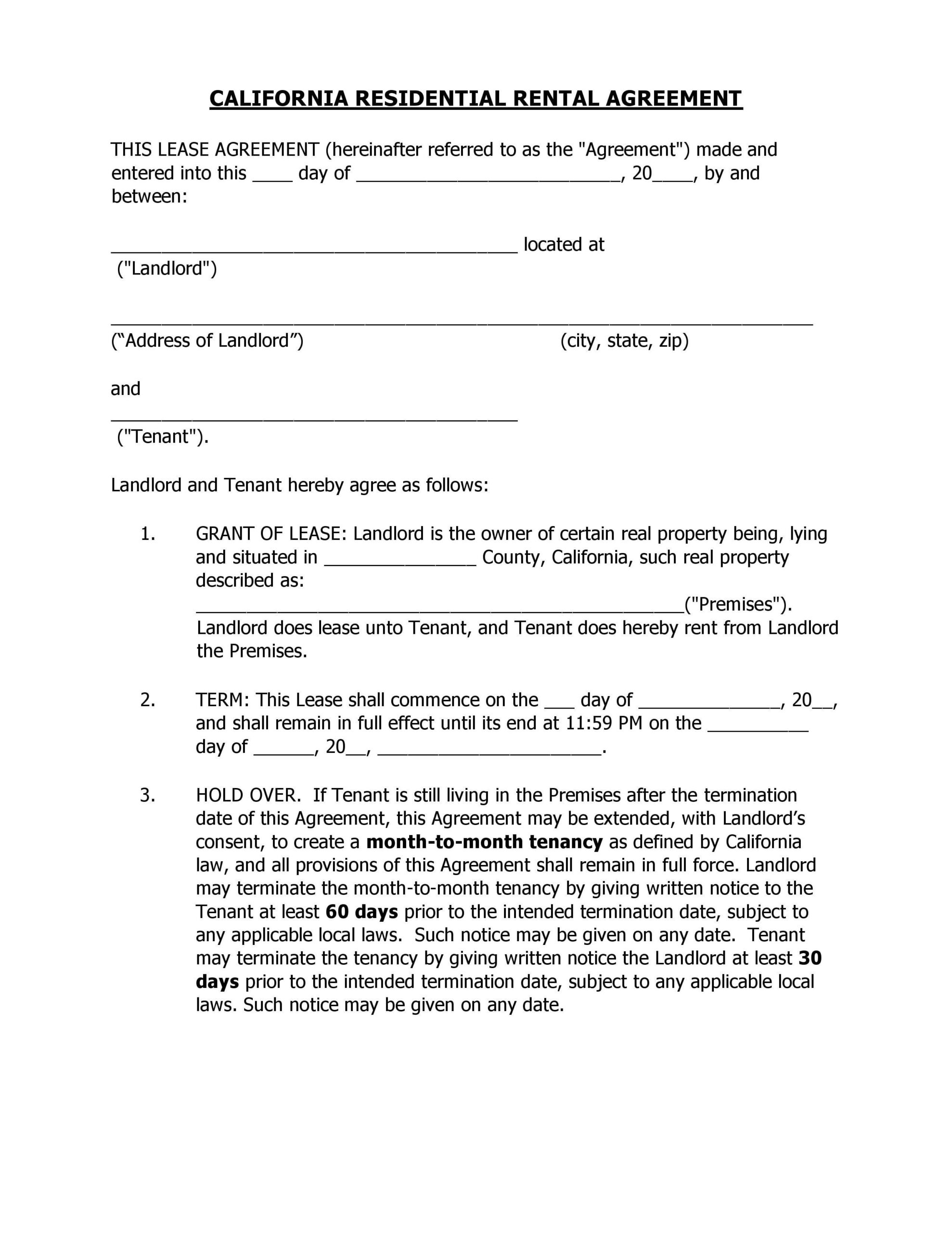 Free Printable California Rental Lease Agreement Pdf Docx Template 