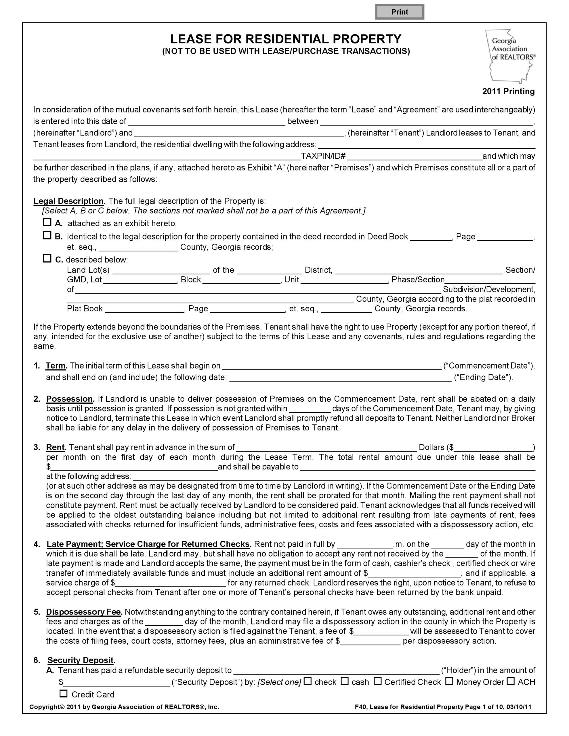 Free Printable Residential Lease Agreement Forms Templates Printable
