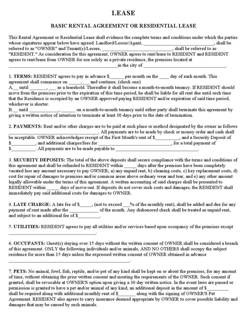 Free Printable Standard Lease Agreement