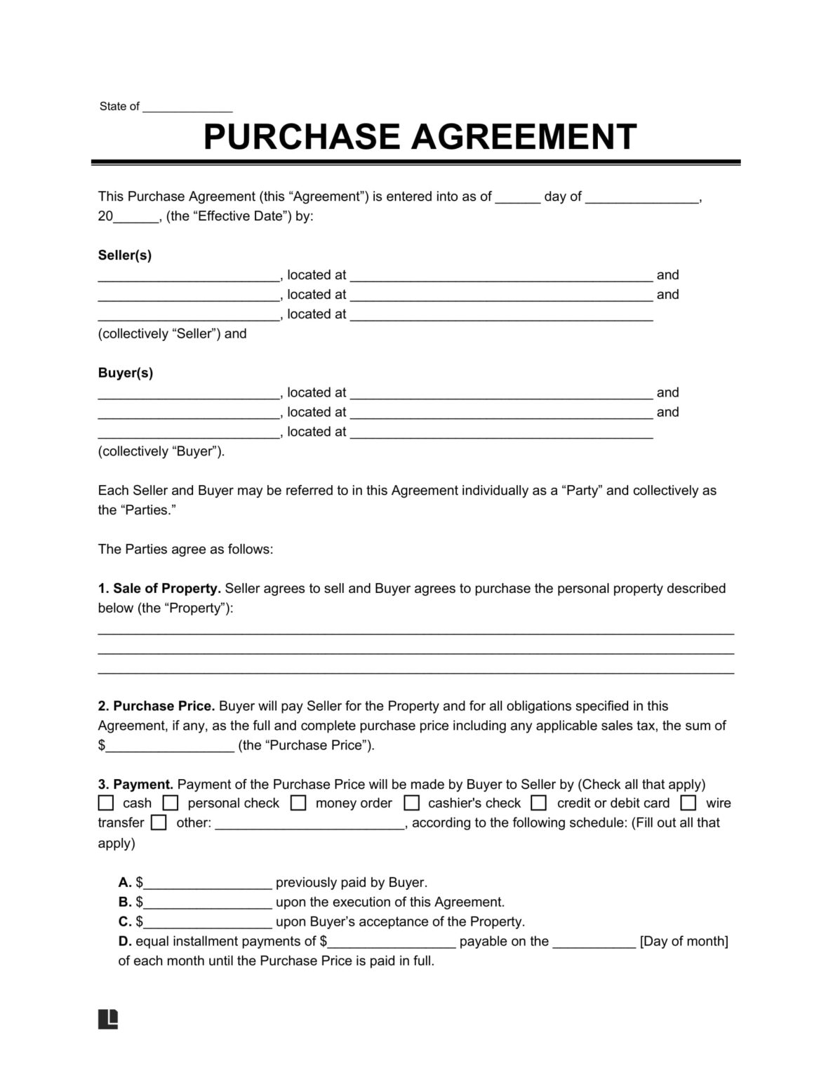 Free Purchase Agreement PDF Word Legal Templates