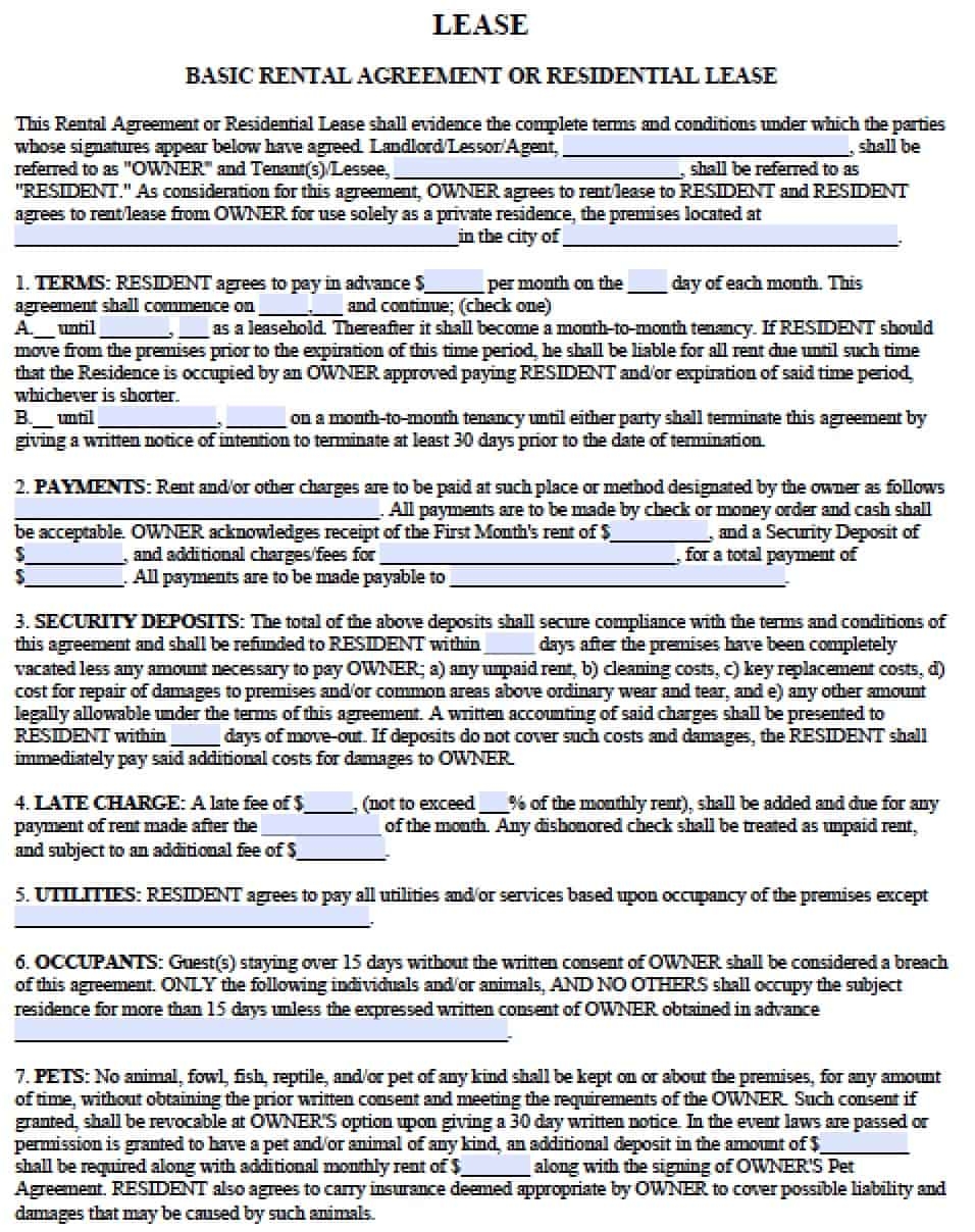 Free Standard Residential Lease Agreement Printable