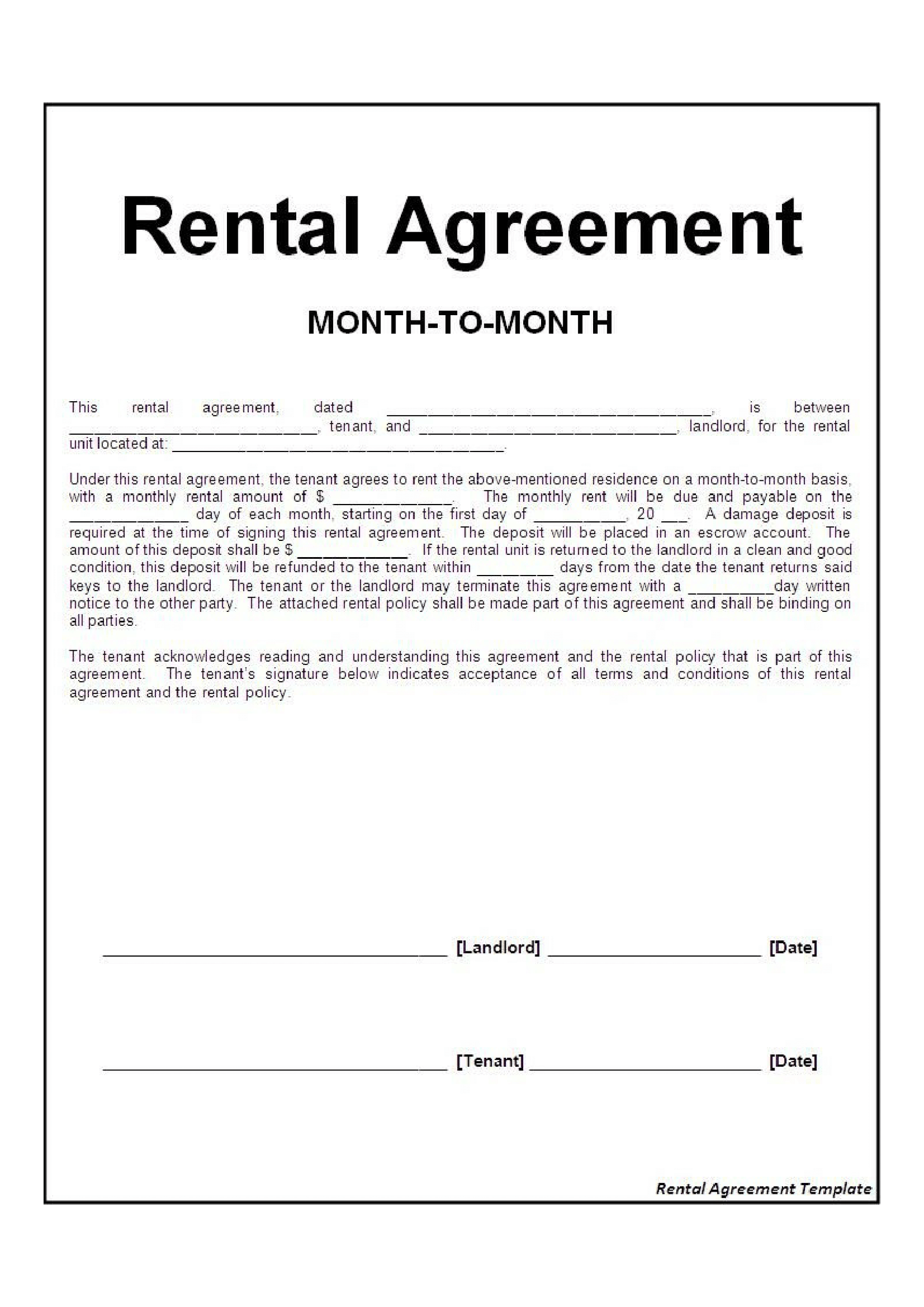 Month To Month Rental Agreement Form FREE Download