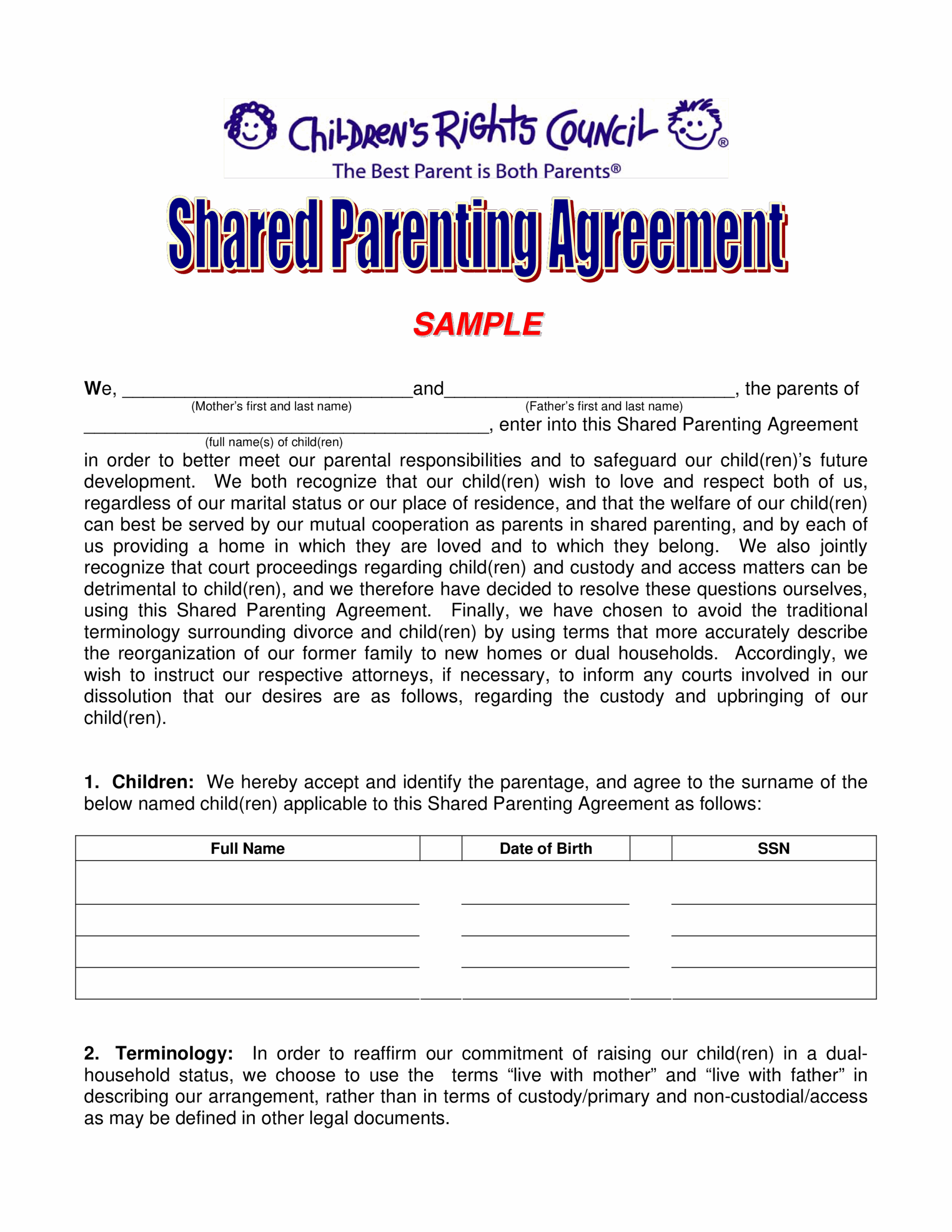 Printable Co Parenting Agreement Template