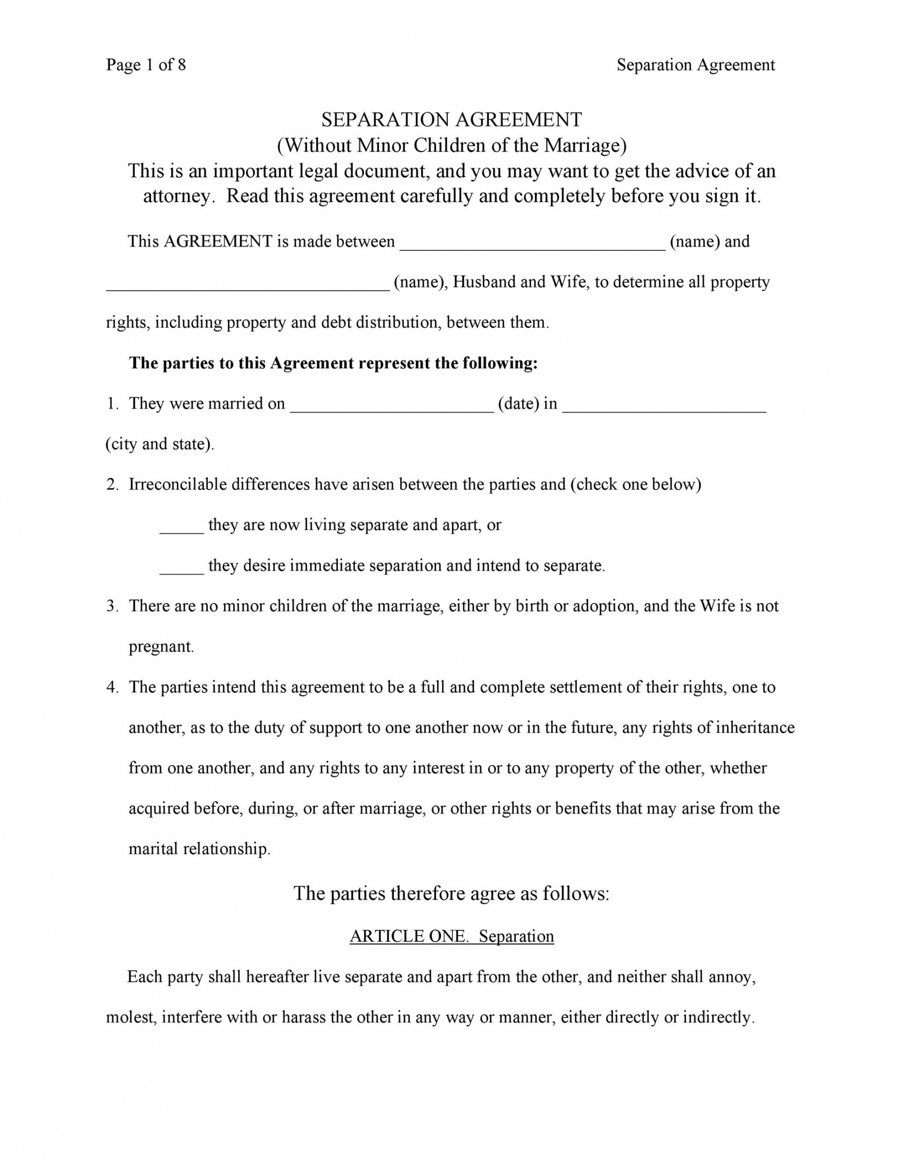 Printable Do It Yourself Separation Agreement