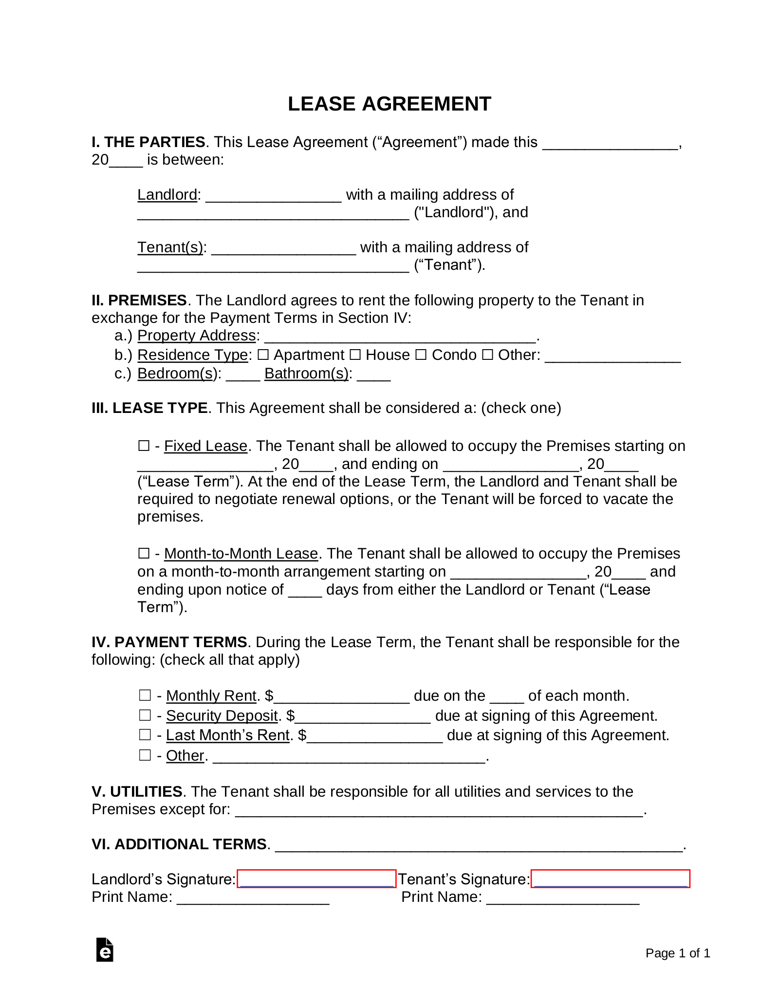 Printable One Page Lease Agreement