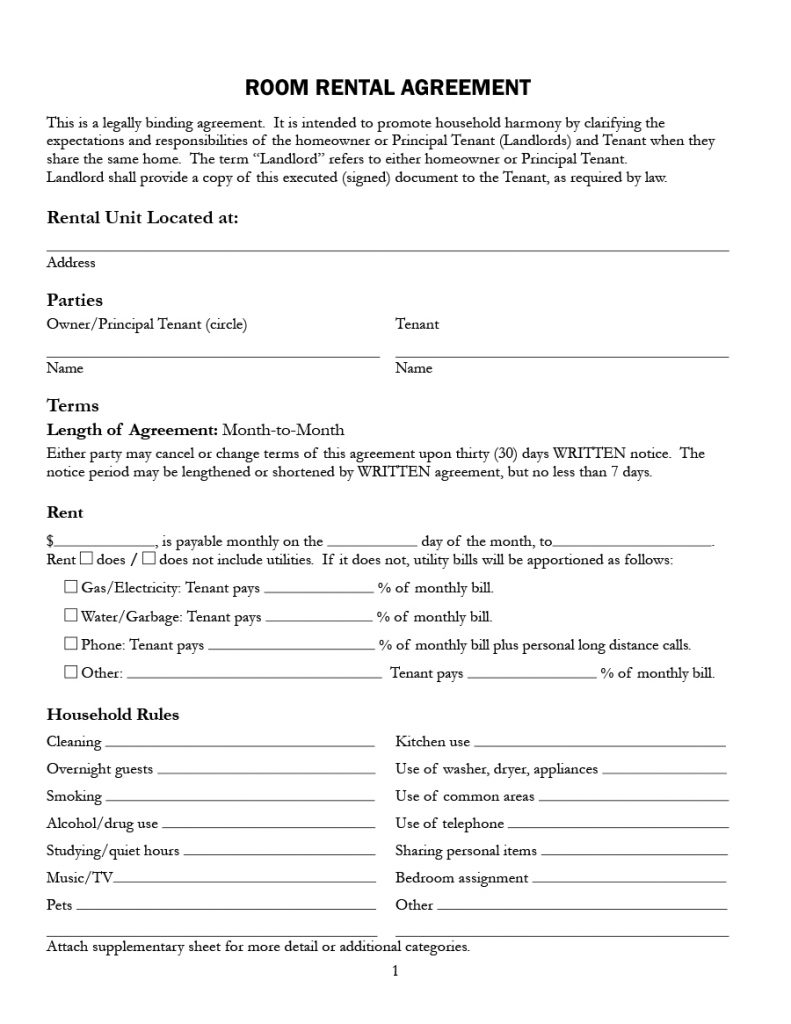 Printable Room Rental Agreement