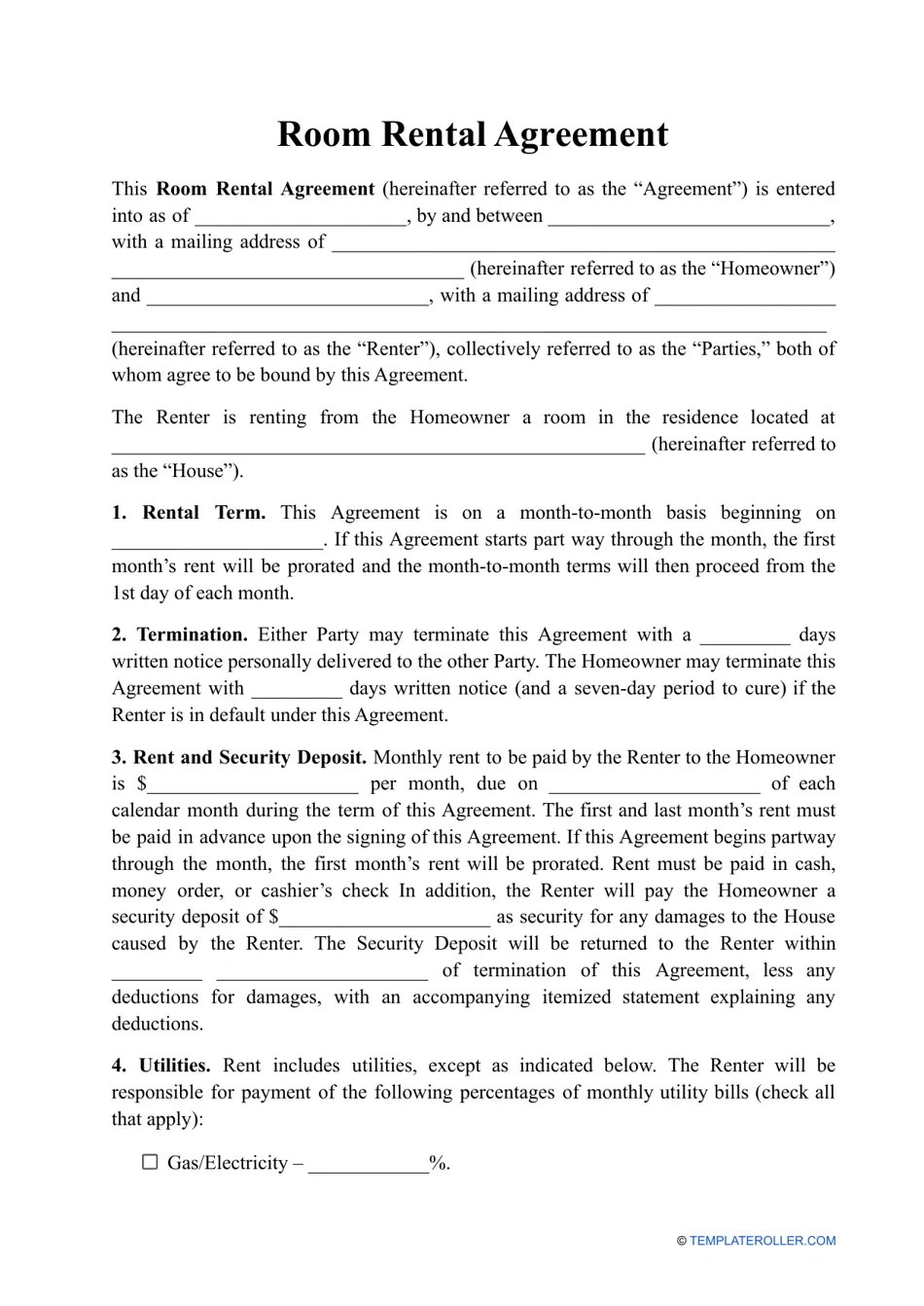 Printable Room Rental Agreement