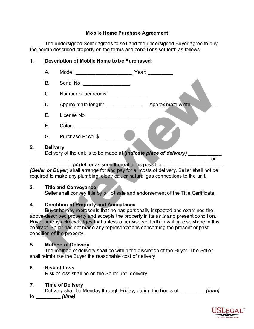 Printable Simple Mobile Home Purchase Agreement